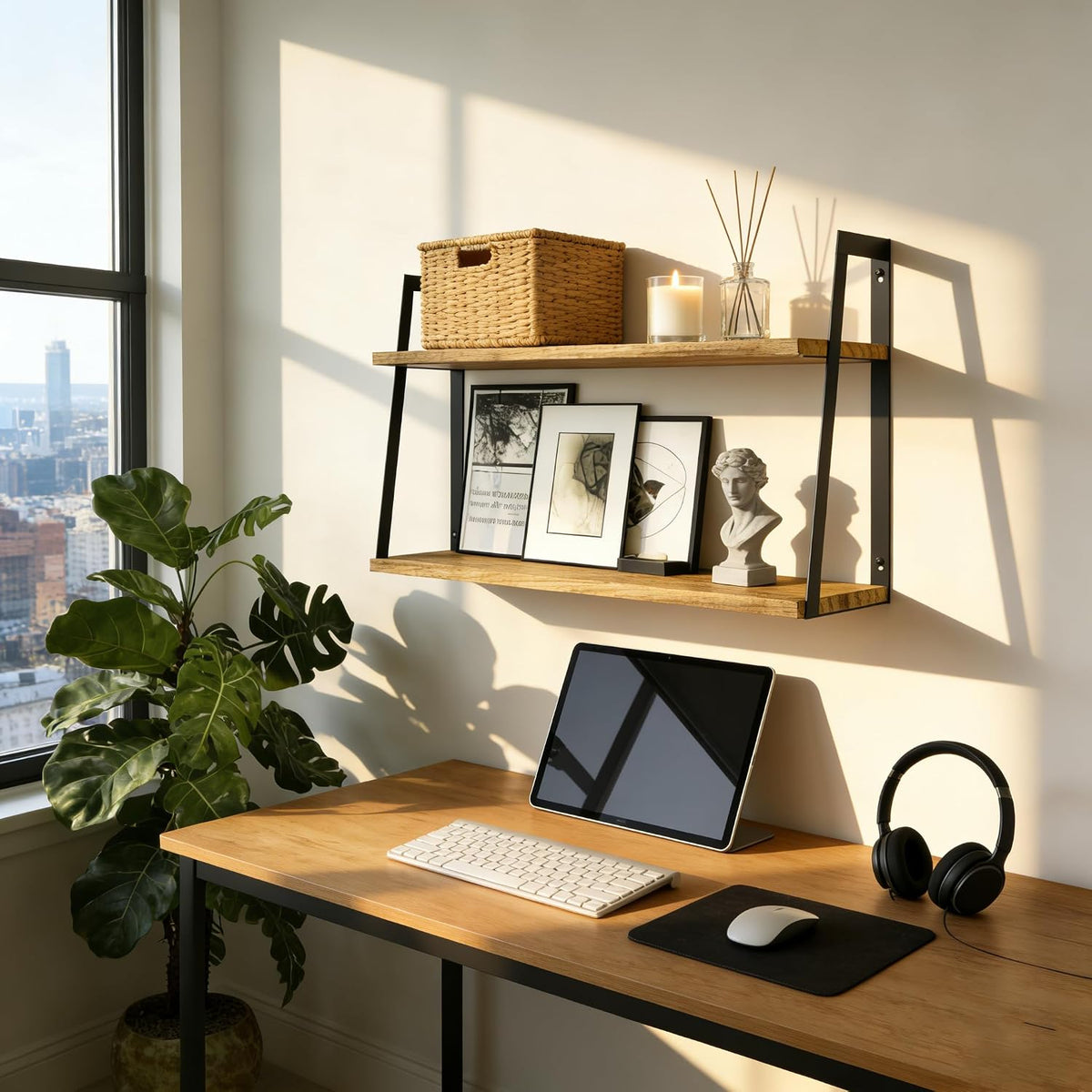 SRIWATANA Carbonized Black 2-Tier Floating Shelves, Wood Wall Storage Shelf
