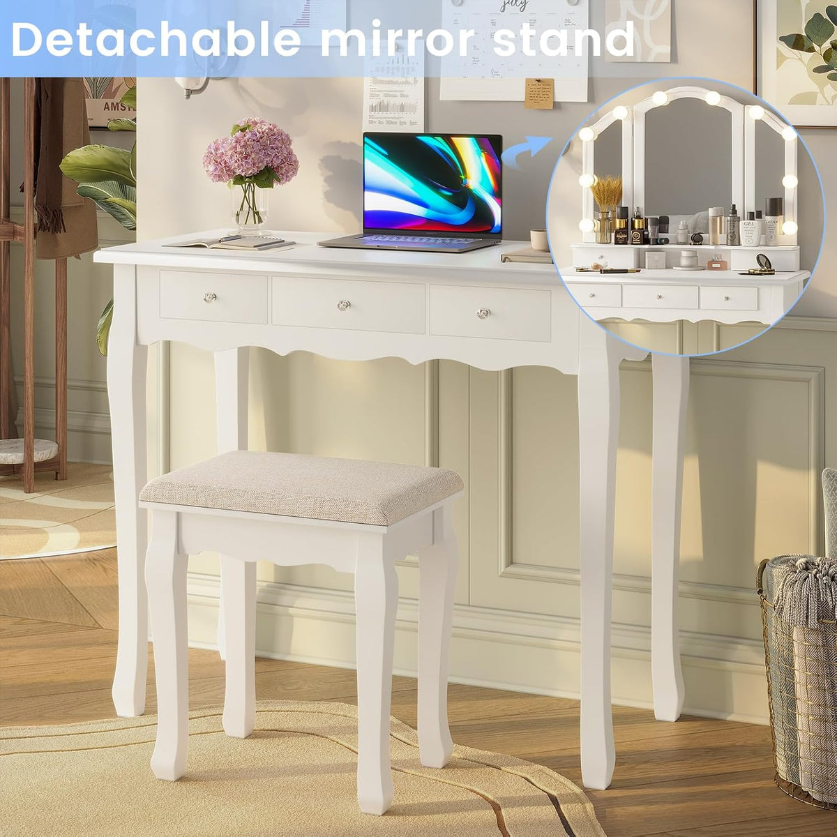 Tiptiper Makeup Vanity with Lighted Mirror and Stool, White