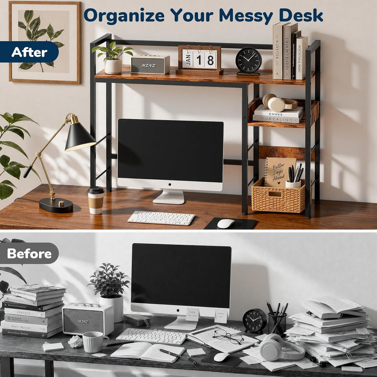 Desk Shelf, 38.6" Desk Hutch for Computer Monitor, Rustic Brown