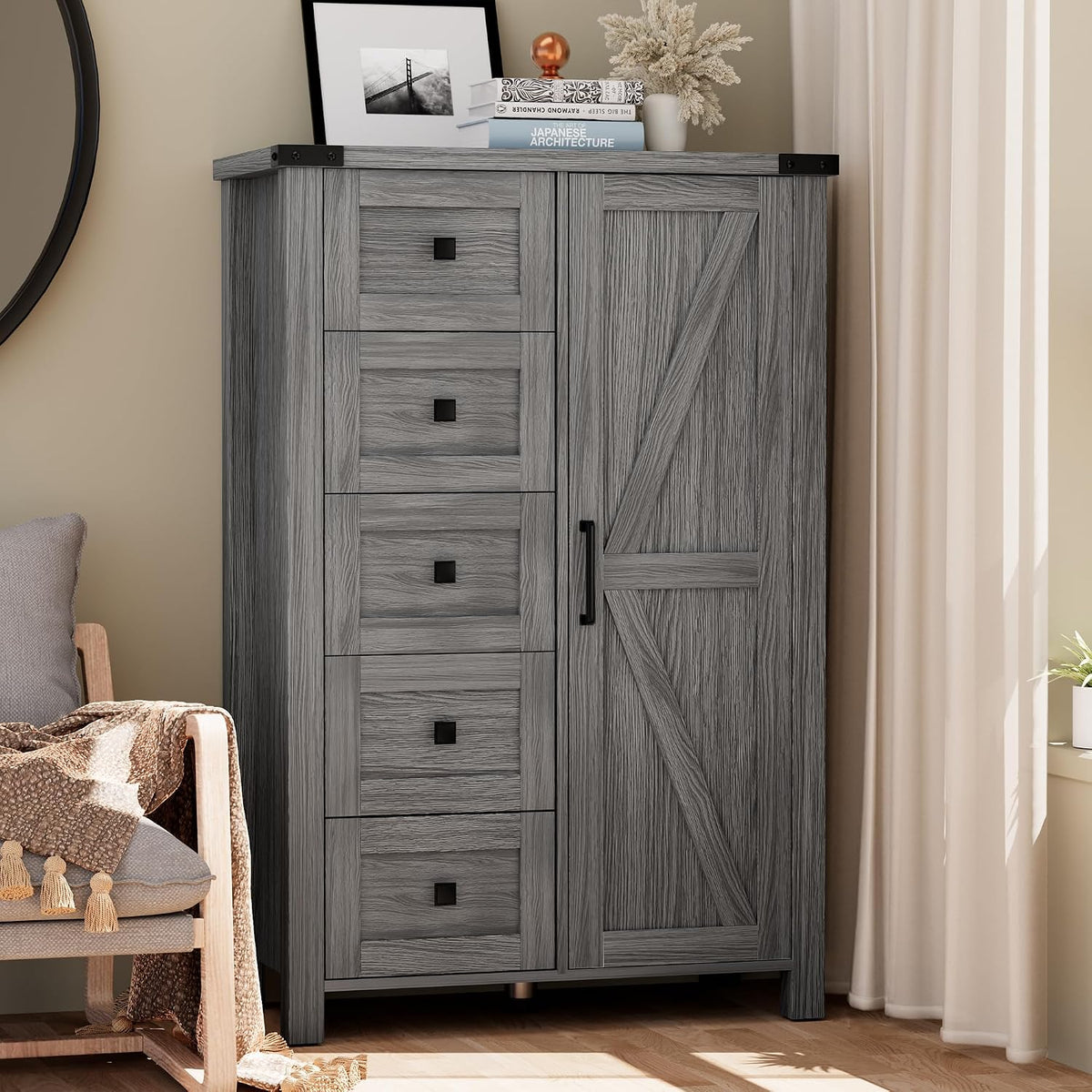 VVFLU Farmhouse Dresser Storage Cabinet Chest of Drawer for Bedroom, 5 Drawer...