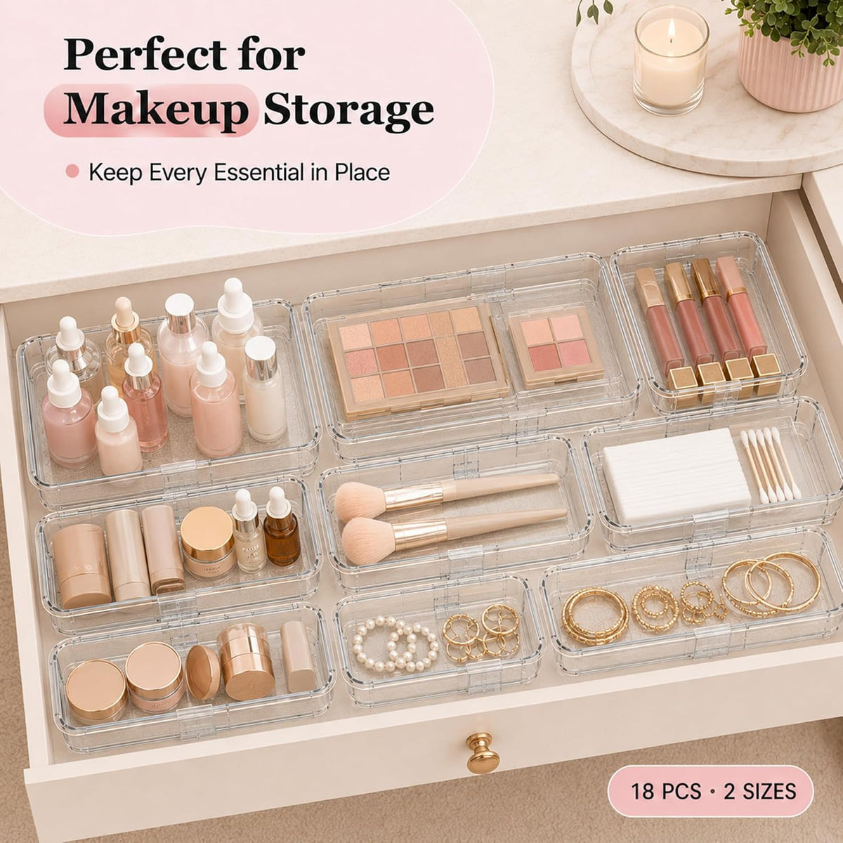 18 Pcs Clear Adjustable Drawer Organizer, 2-Size Desk Drawer Organizer Box, A...