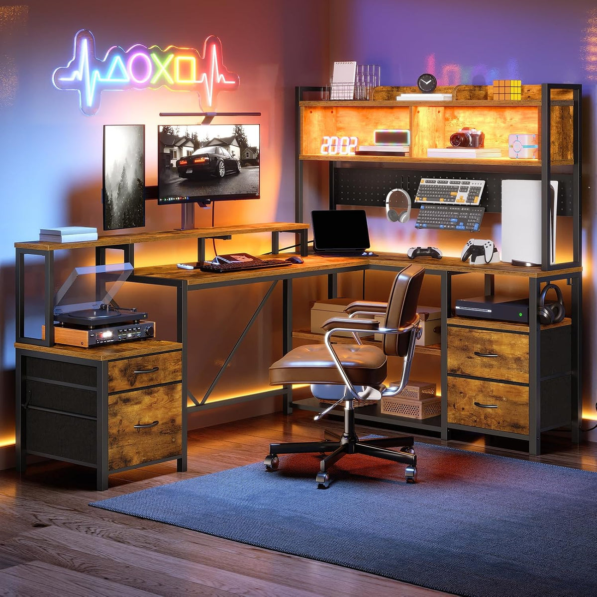 RALGEND L Shaped Gaming Desk with Storage Drawers & Shelves, Power Outlets