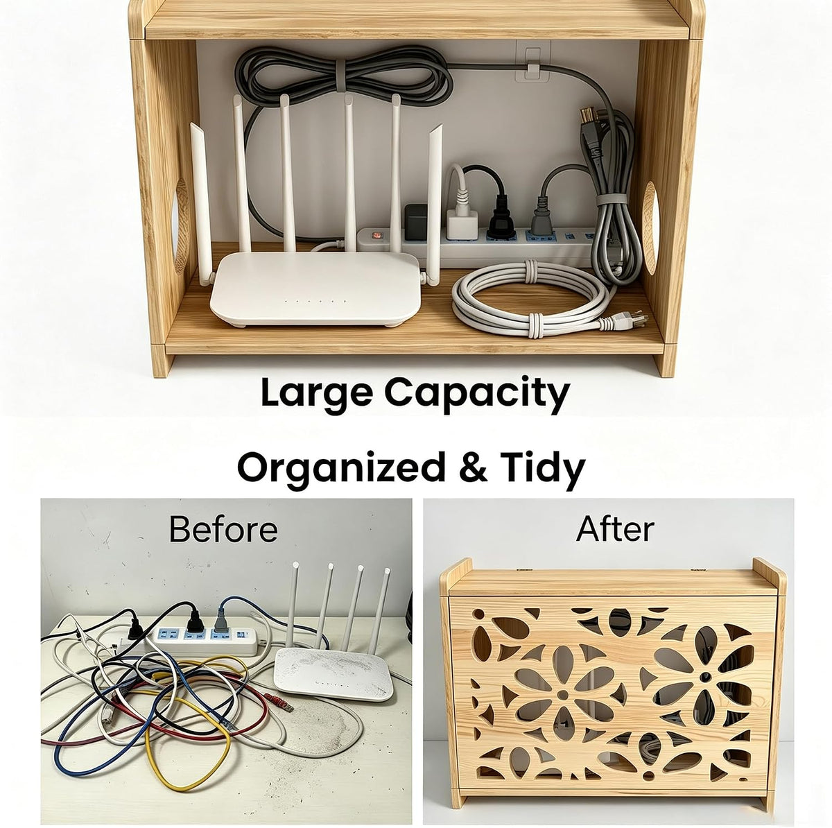 Wooden Projector Shelf,WiFi Router Box Hider,Power Strips Storage,Cable Manag...
