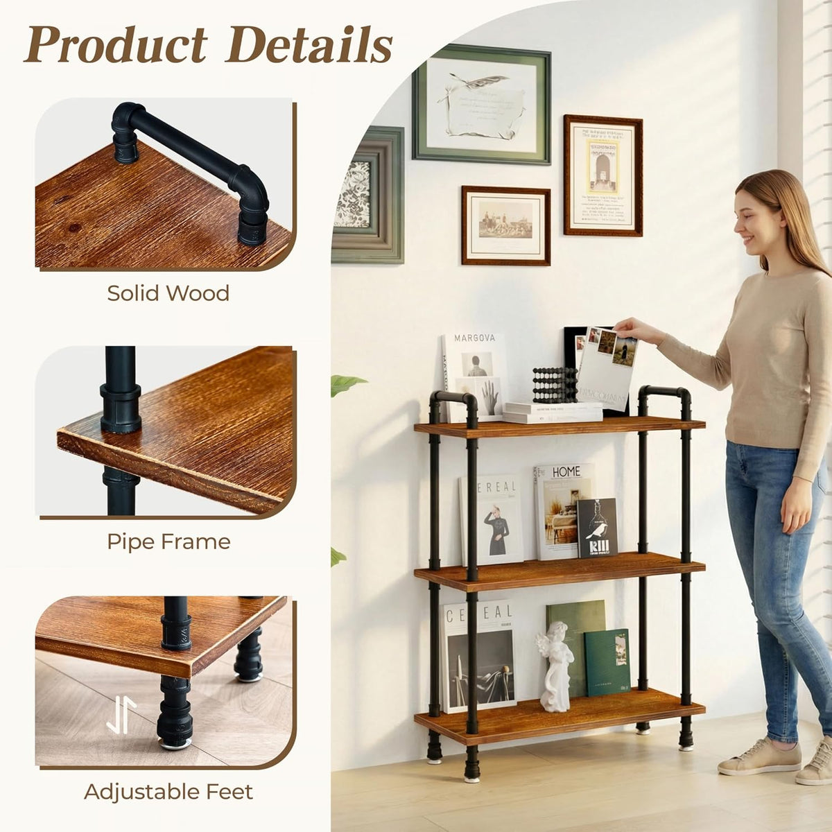 Industrial Bookshelf, Pipe Shelf Bookcase, 3 Tier, 30" Rustic Brown