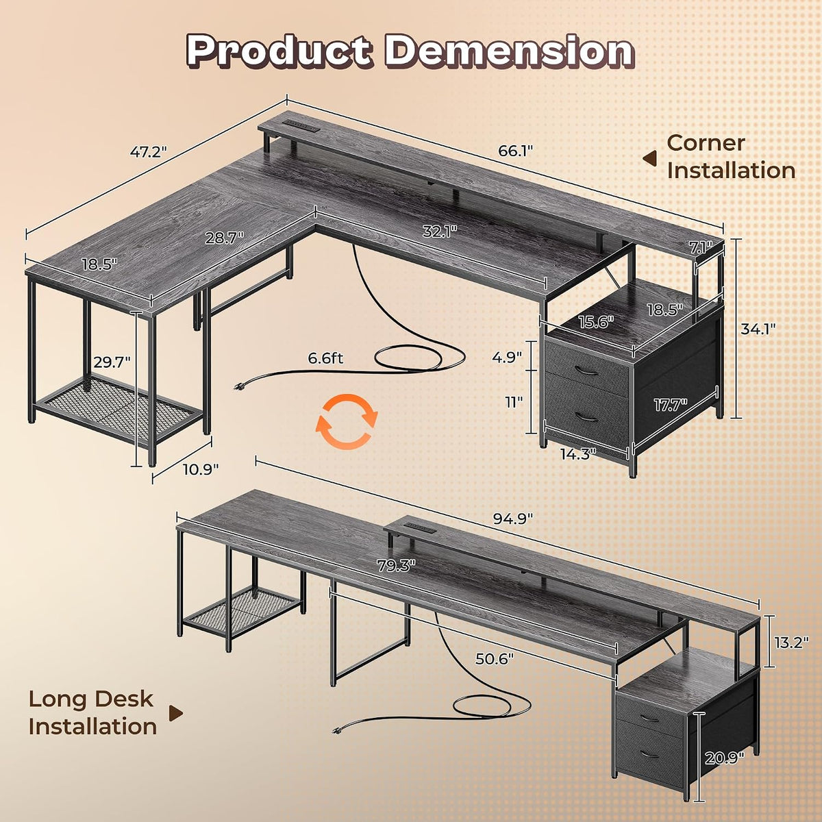 PRAISUN 66" L Shaped Gaming Desk with LED Lights & Power Outlets