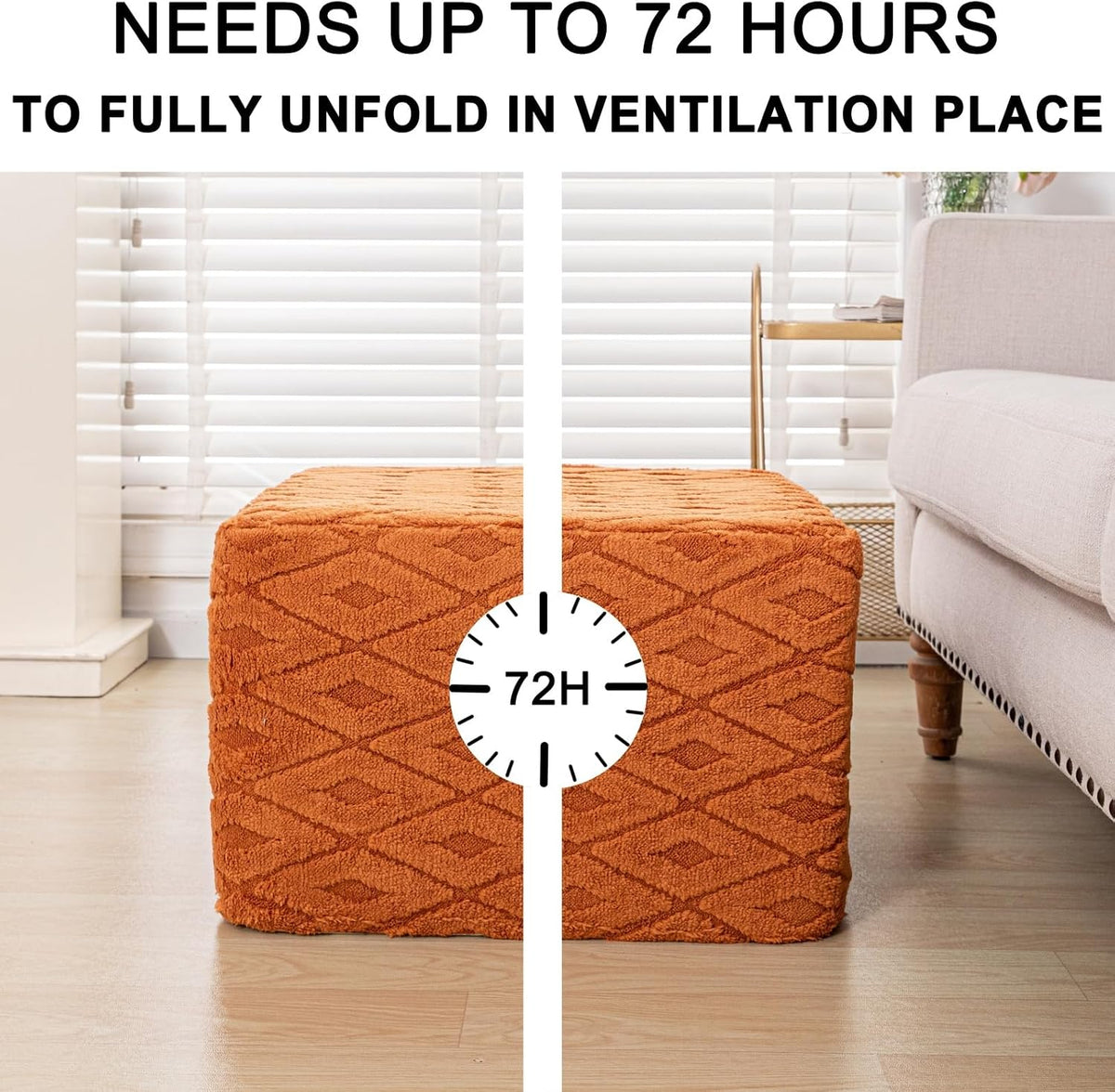 Square Ottoman Pouf,Couch FootRest,Footstool,Orange, 20x20x14 in