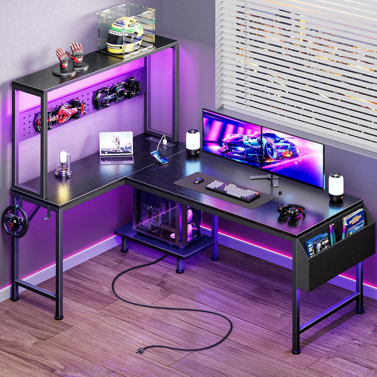 PRAISUN L Shaped Gaming Desk with LED Lights & Power Outlets