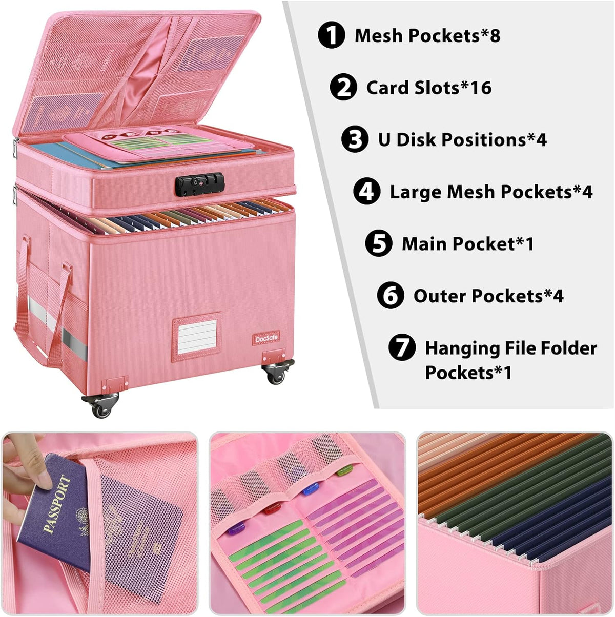 DocSafe File Box with Lock,2-Layer Fireproof Document Box with Wheels,Collaps...