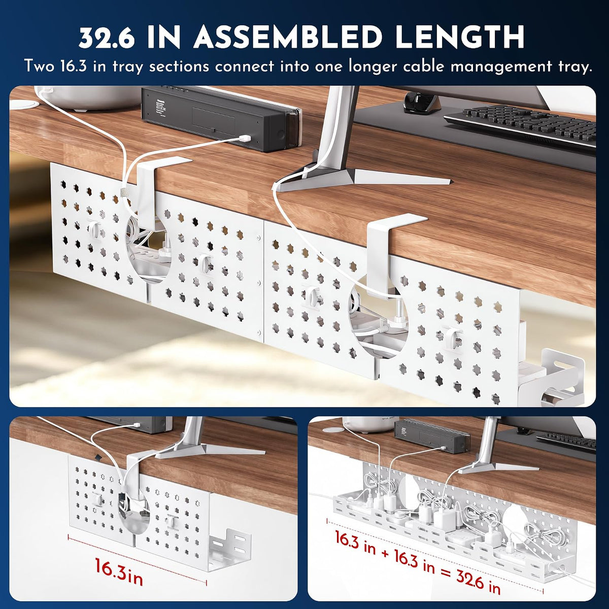 Under Desk Cable Management Tray, 32.6 in, No Drill Cable Organizer, Ivory