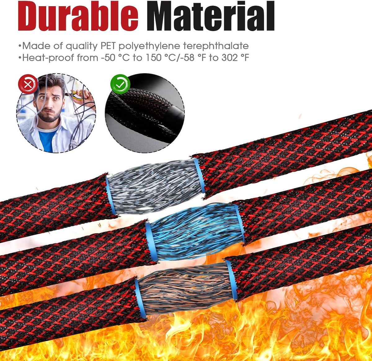Tatuo 151 ft Braided Cable Sleeve Expandable Wire Sheathing(Red, Black)