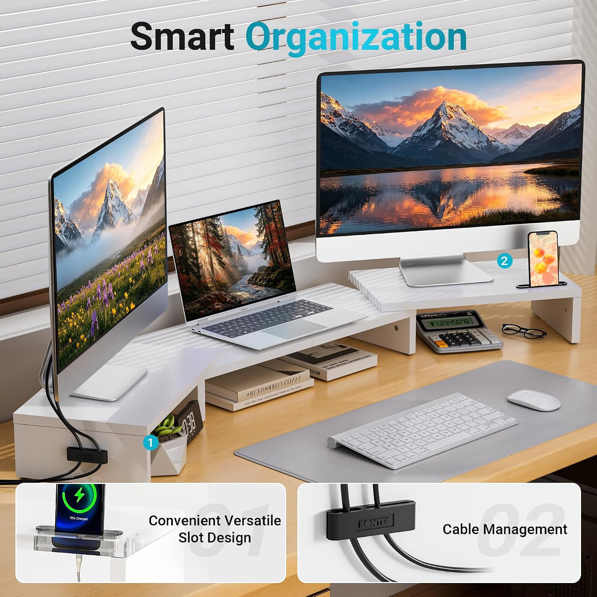 BONTEC Triple Monitor Stand Riser with Smartphone Holder, White