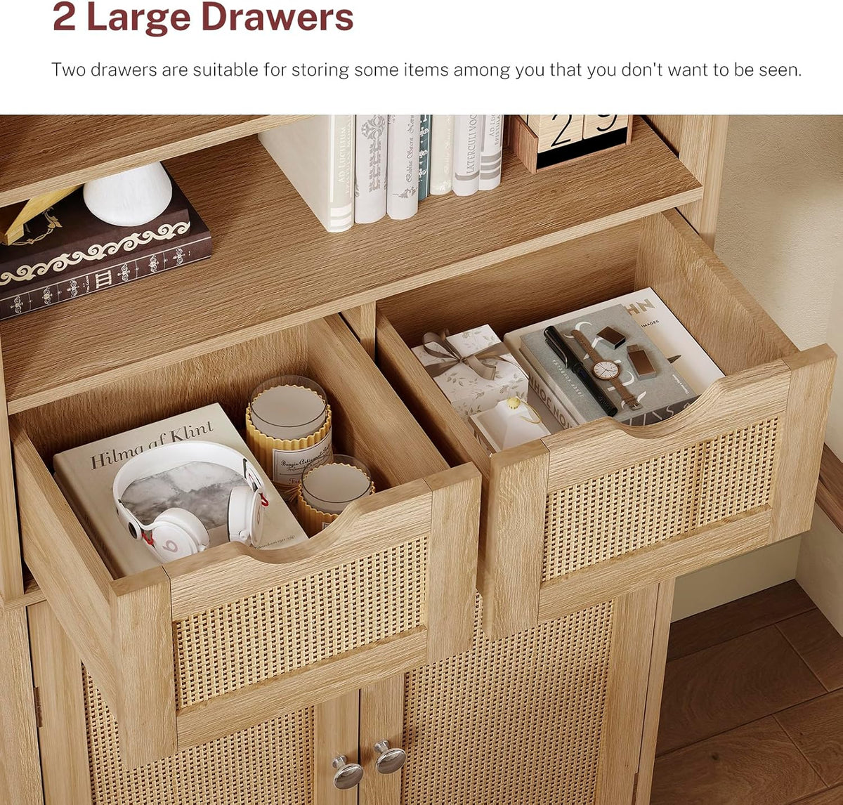Iwell Tall Storage Cabinet, Rattan Cabinet with 2 Drawers & Adjustable Sh...