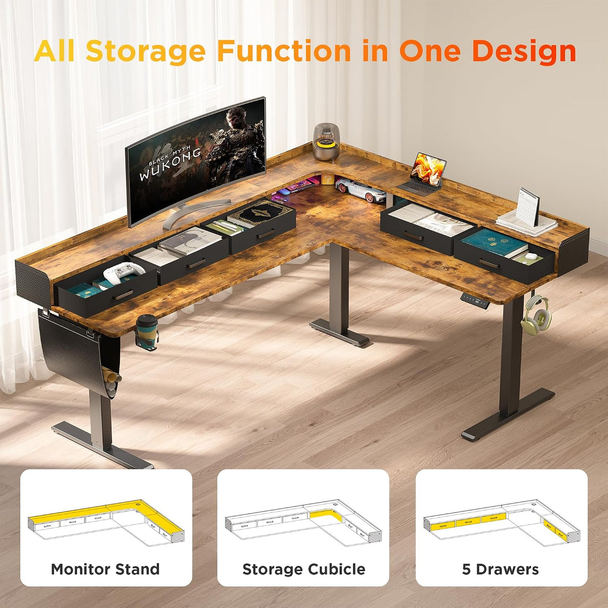 WALKINGDESK 75 Inches Height Adjustable L Shaped Standing Desk with 5 Drawers...