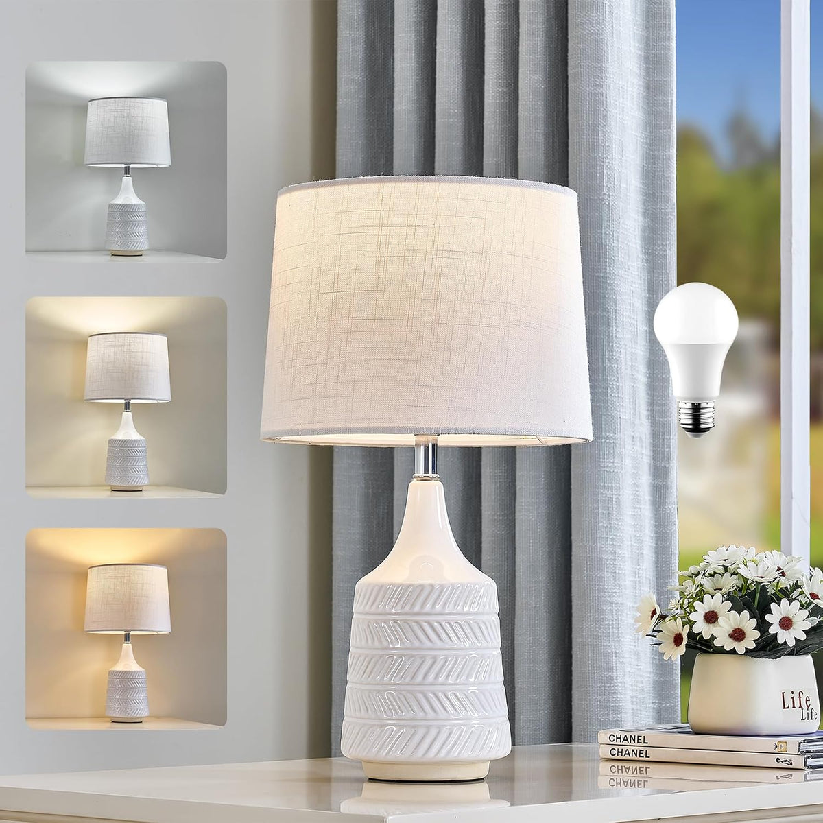 18.5" White Ceramic Table Lamp, Decor Farmhouse Lamps for Living Room En...