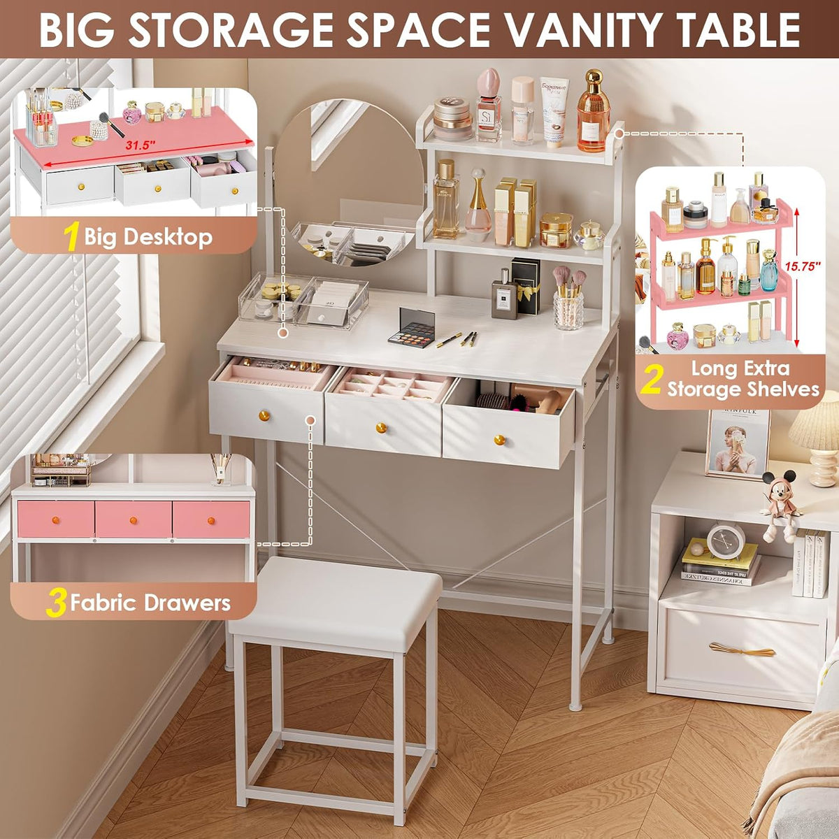 31.5" Vanity Desk with Mirror, Vanity Chair, Drawers, Storage Shelf, White