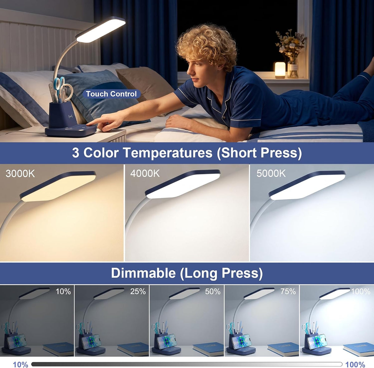 LED Desk Lamp with 10W Wireless Charging & Pen Holder, Navy Blue