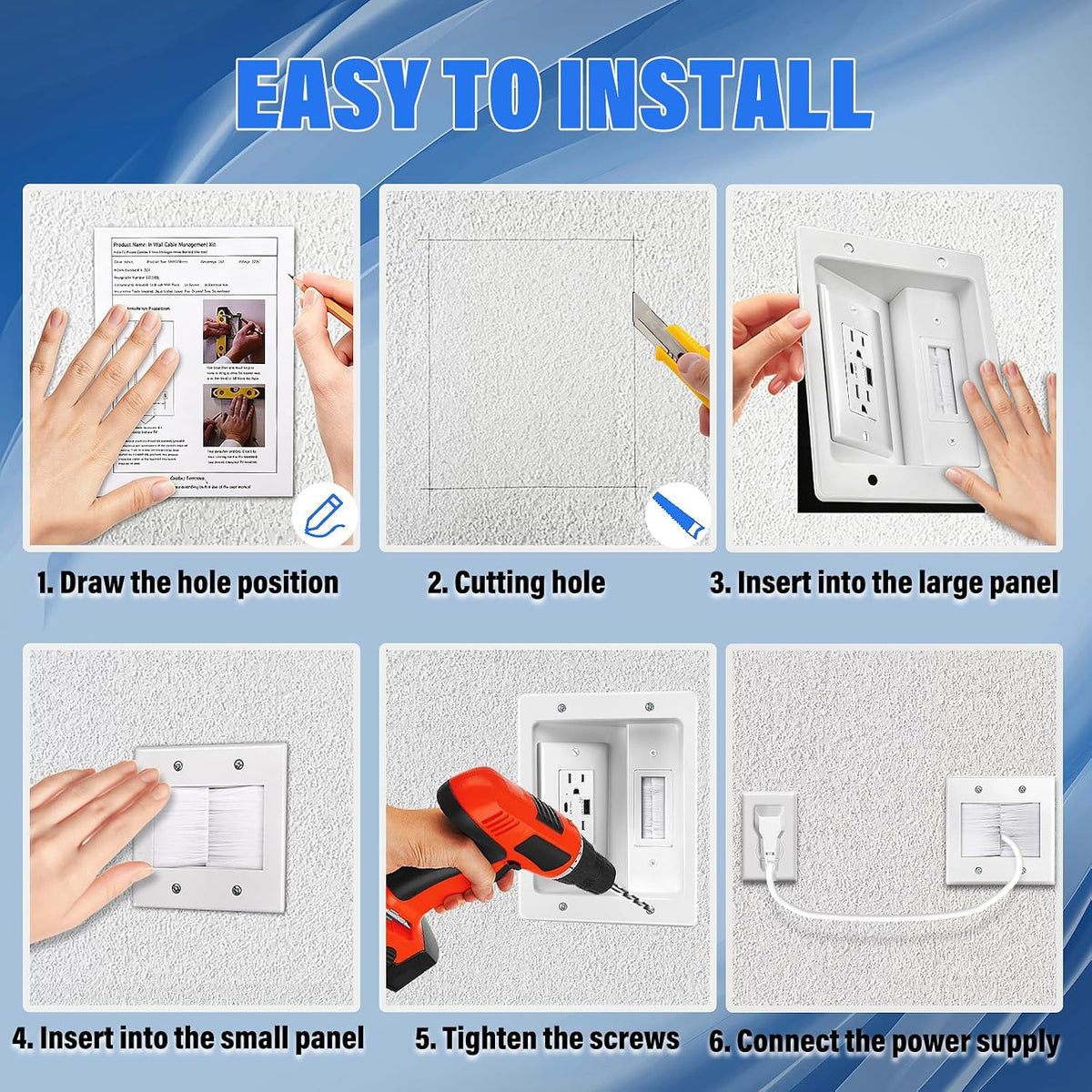 in-Wall Cable Management Kit, AC + USB-A + USB-C Outlet, 9 ft Cord