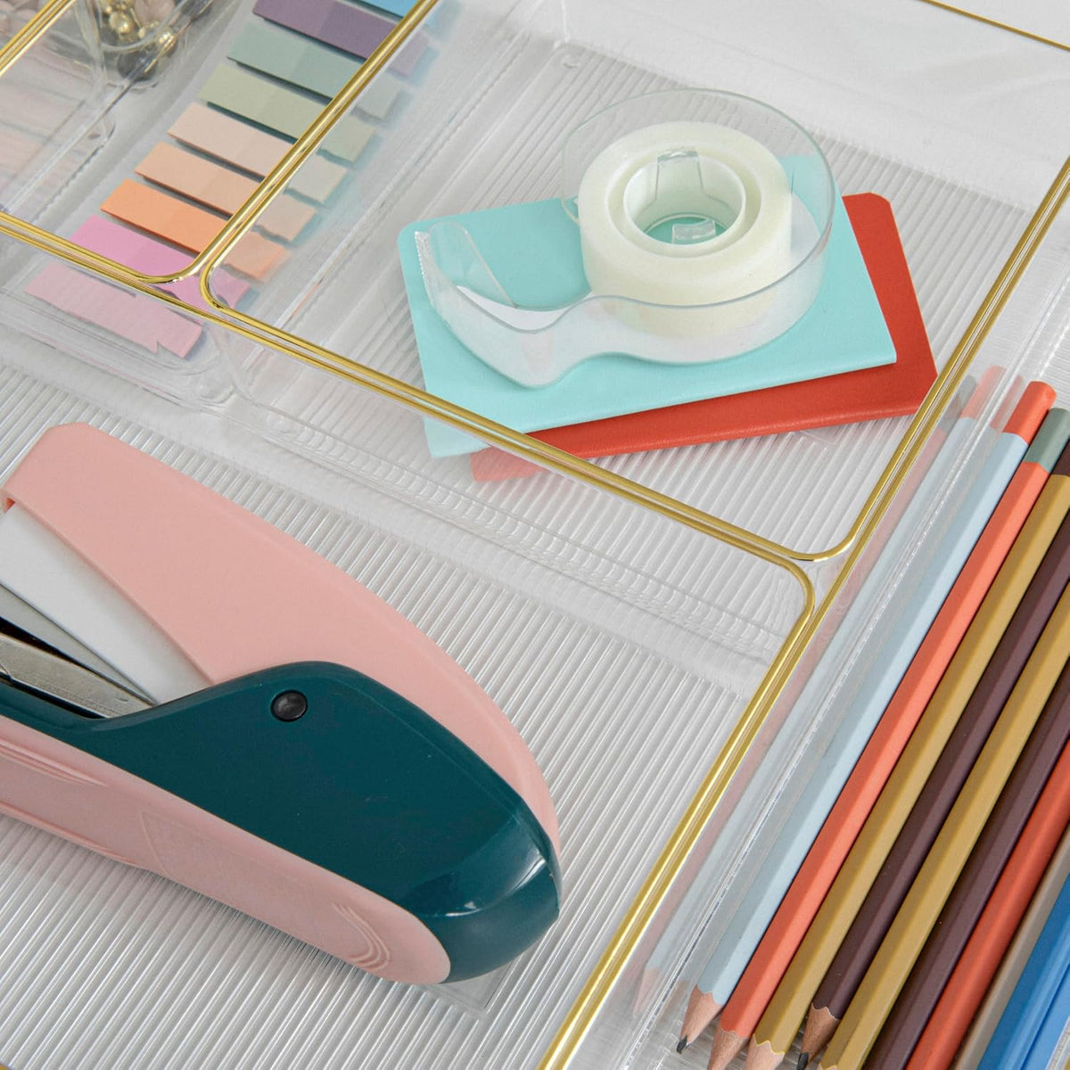 Martha Stewart Kerry Stackable Desk Drawer Organizers, Clear/Gold, 6-Pack