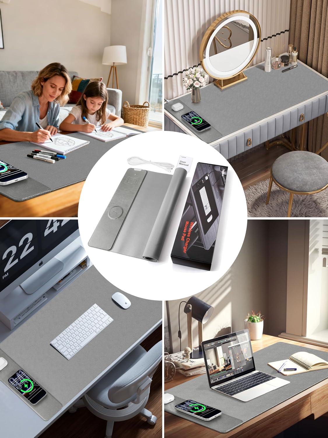 Mouse Pad with 15W Wireless Charging, XXL Large Leather Desk Mat, Gray