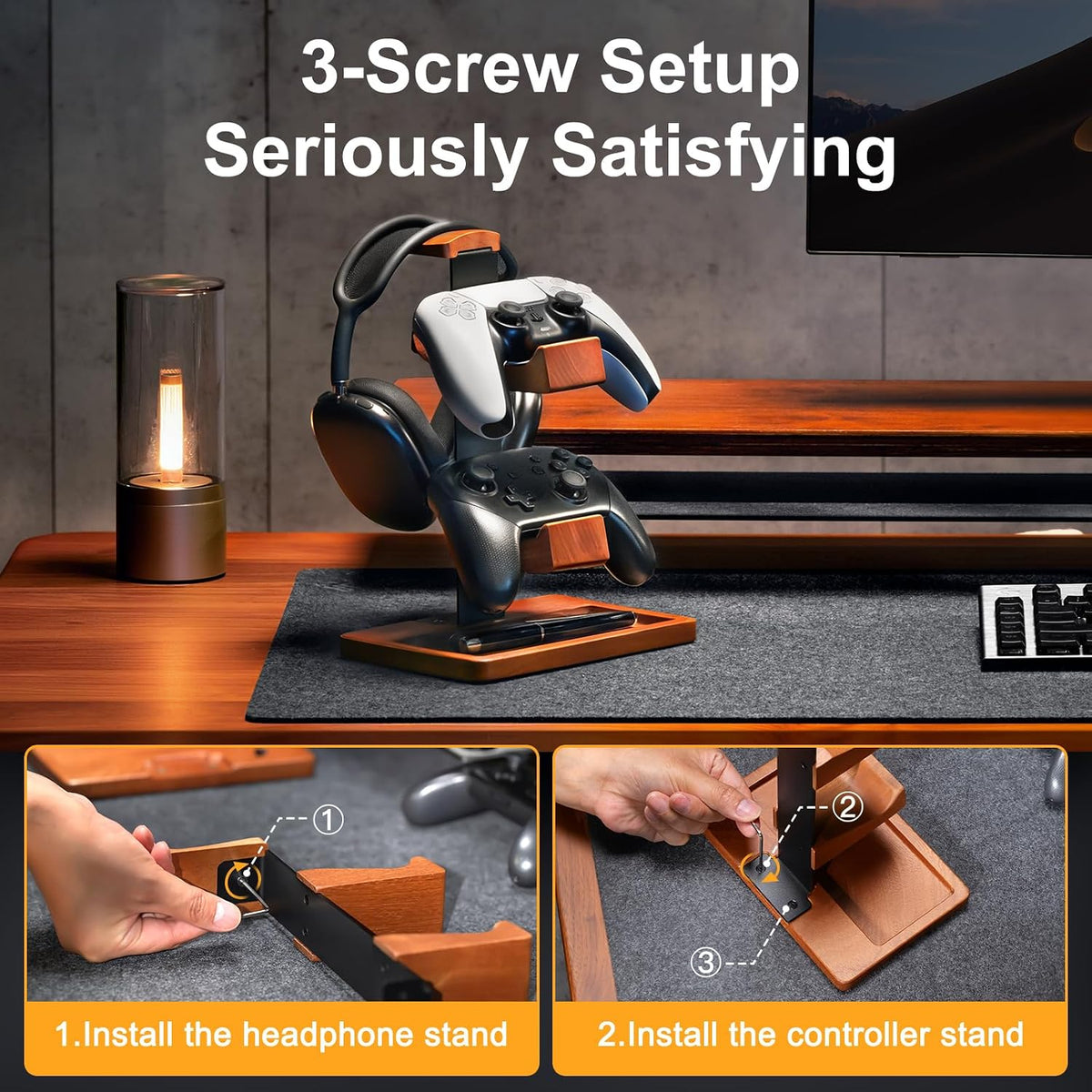 Solid Wood Controller Holder and Headphone Stand, Controller Stand for Desk