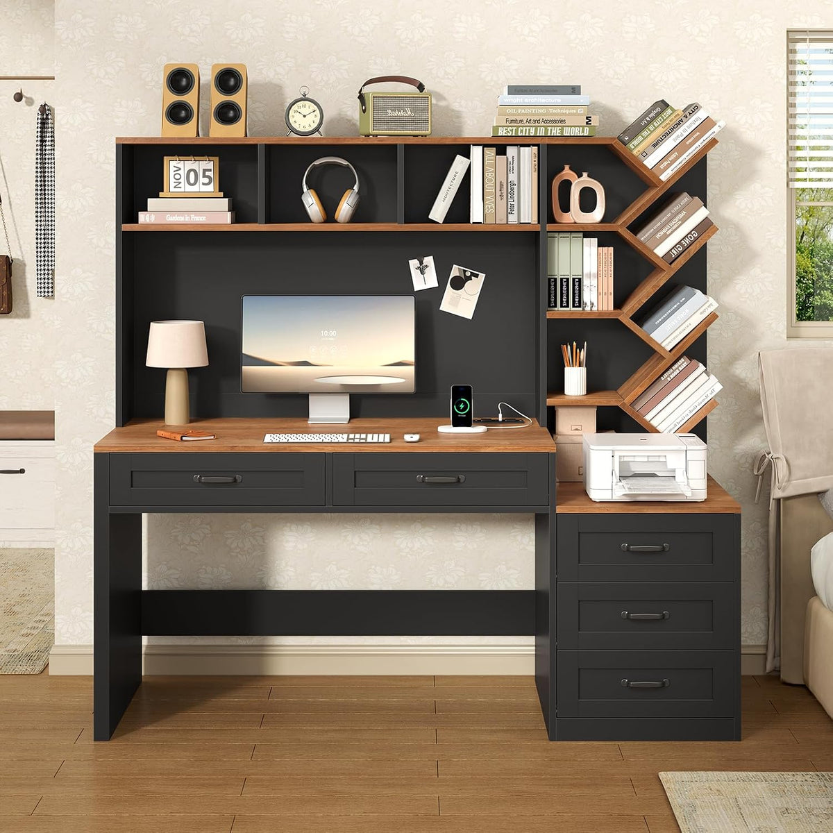 55" Computer Desk with Bookshelf, Drawers & Hutch for Bedroom, Home Office