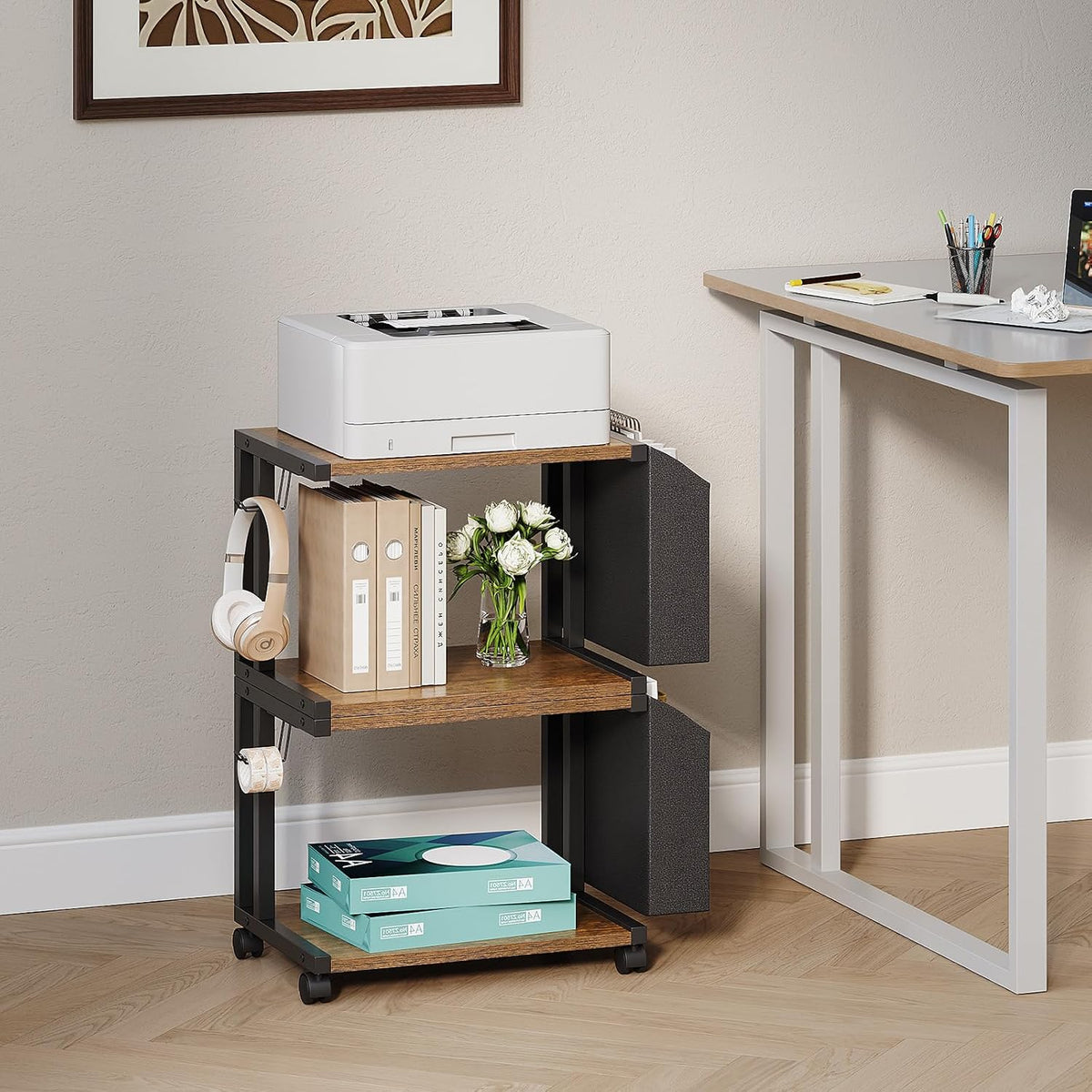 VEDECASA 2 Tier Rustic Brown Wooden Under Desk Printer Stand with Storage Bag...