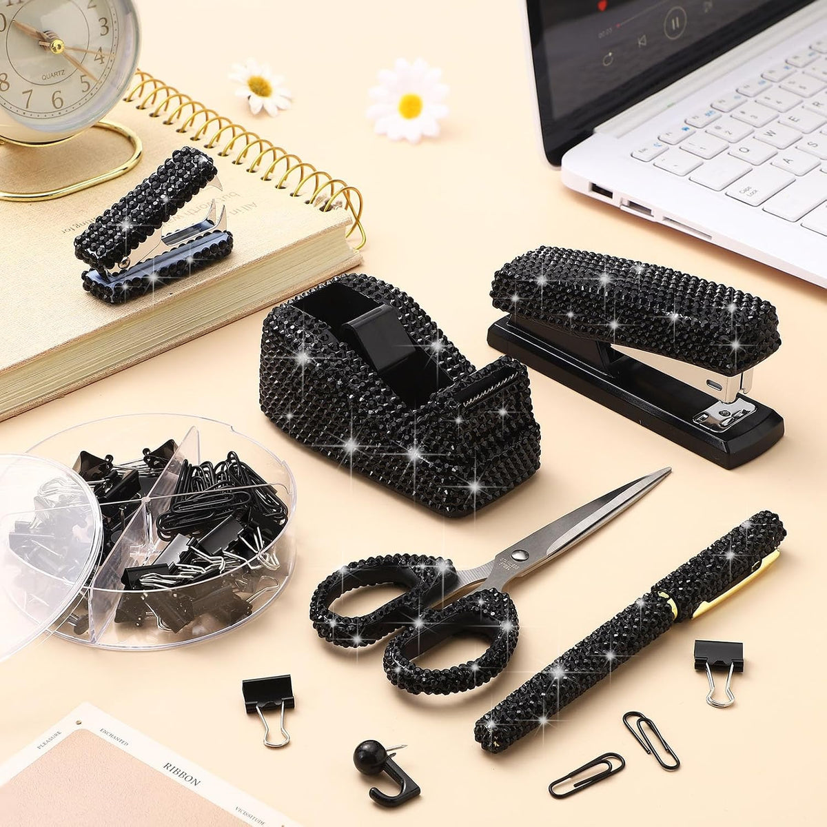 Demissle 6 Pcs Bling Office Desk Accessories Crystal Kit, Black
