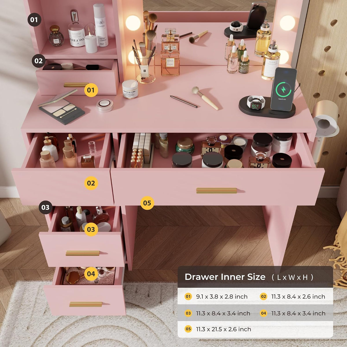 Otterease 35" Makeup Vanity Desk with LED Mirror, 5 Drawers, Pink