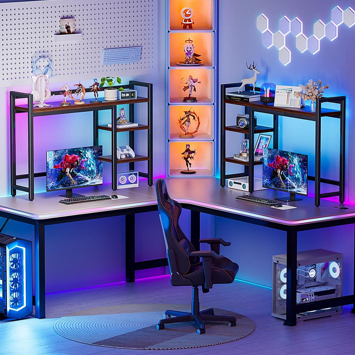 Desk Hutch with Colorful RGB Lights, 4 Tier Desk Top Shelf for Max 28" C...