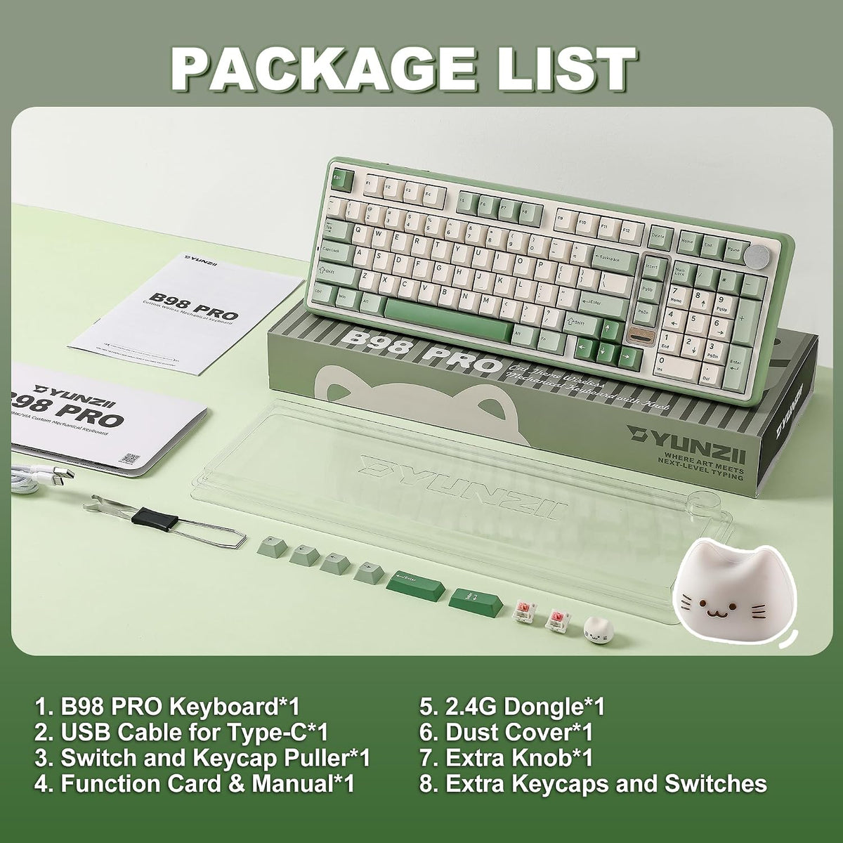 YUNZII B98 PRO 96% Wireless Mechanical Keyboard (Matcha Green, Milk Switch)