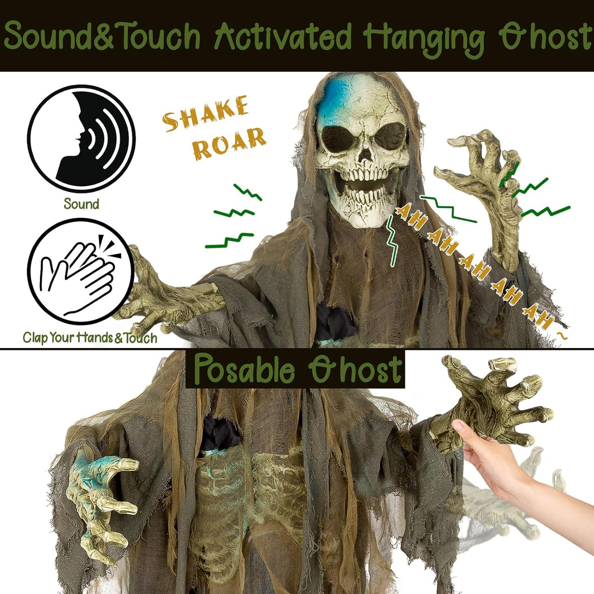72” Halloween Animatronics Standing Skeleton with Sound & Touch Activated