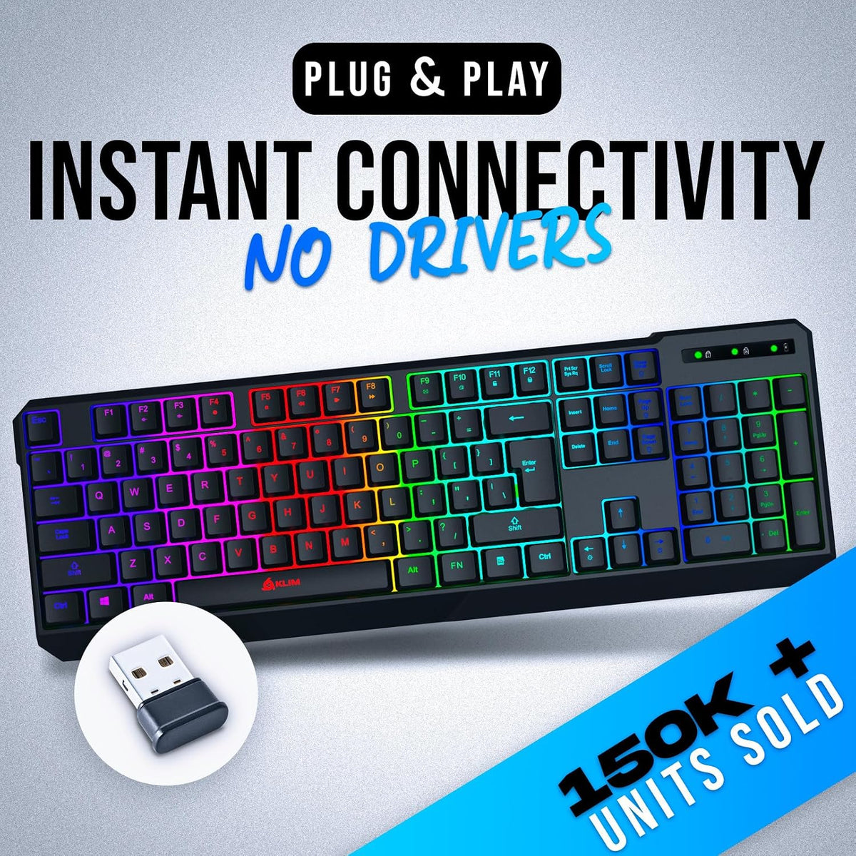 KLIM Chroma Quiet Keyboard, Wired Gaming, US QWERTY, Chromatic RGB Lighting