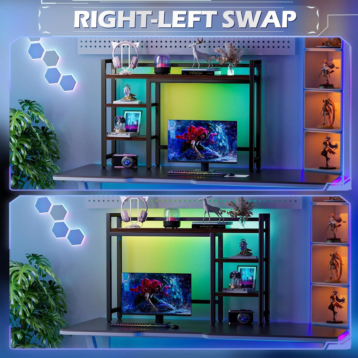 Desk Hutch with Colorful RGB Lights, 4 Tier Desk Top Shelf for Max 28" C...