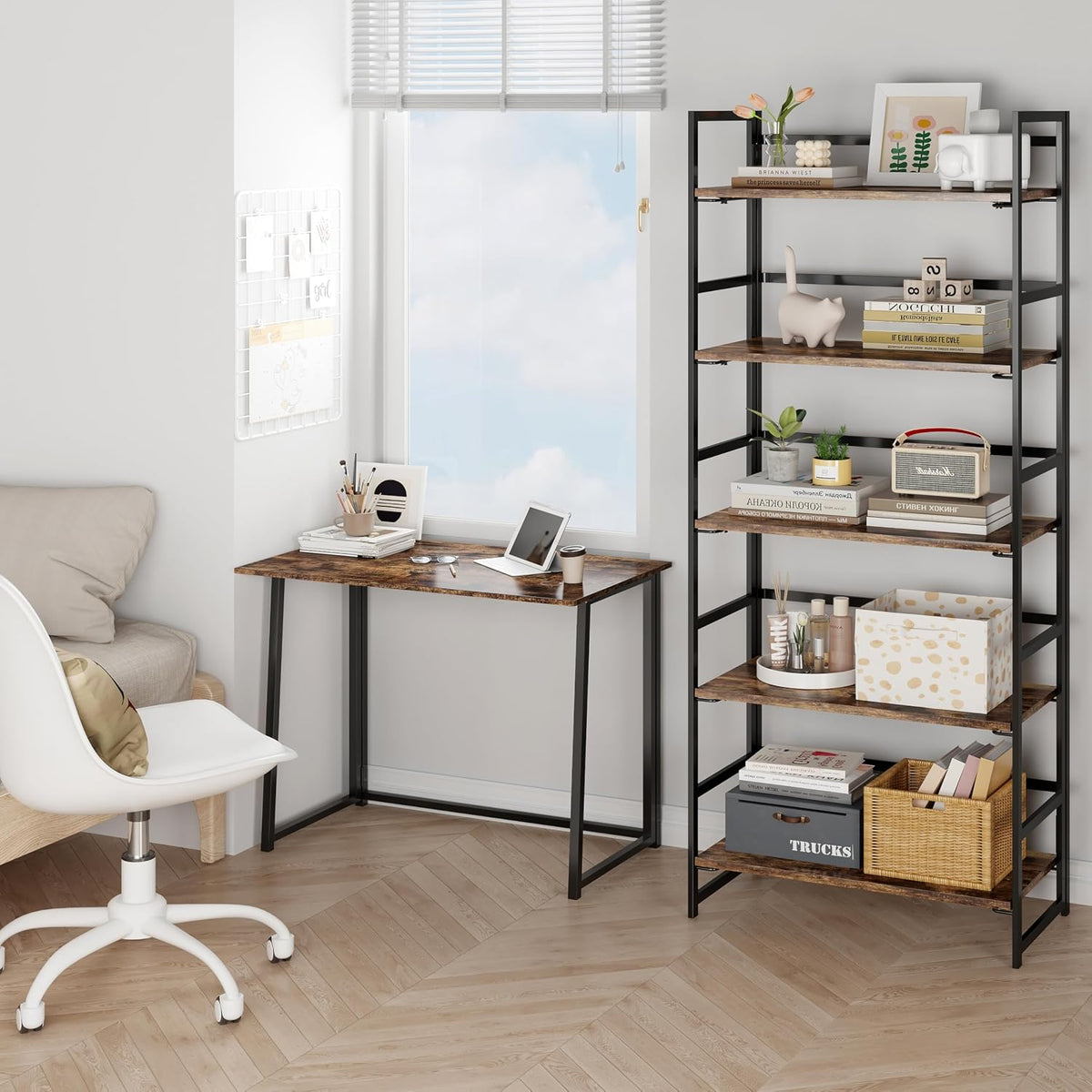 BHG Vintage Multifunctional Folding Bookshelf, No-Assembly Plant Stand Storag...