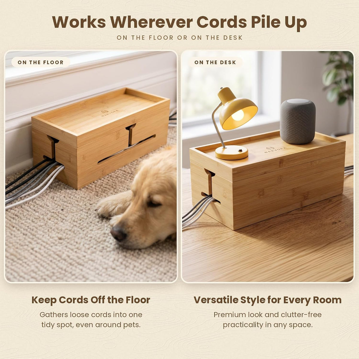 Bamboo Cable Management Box, Large 13.4” Wooden Cord Organizer Box