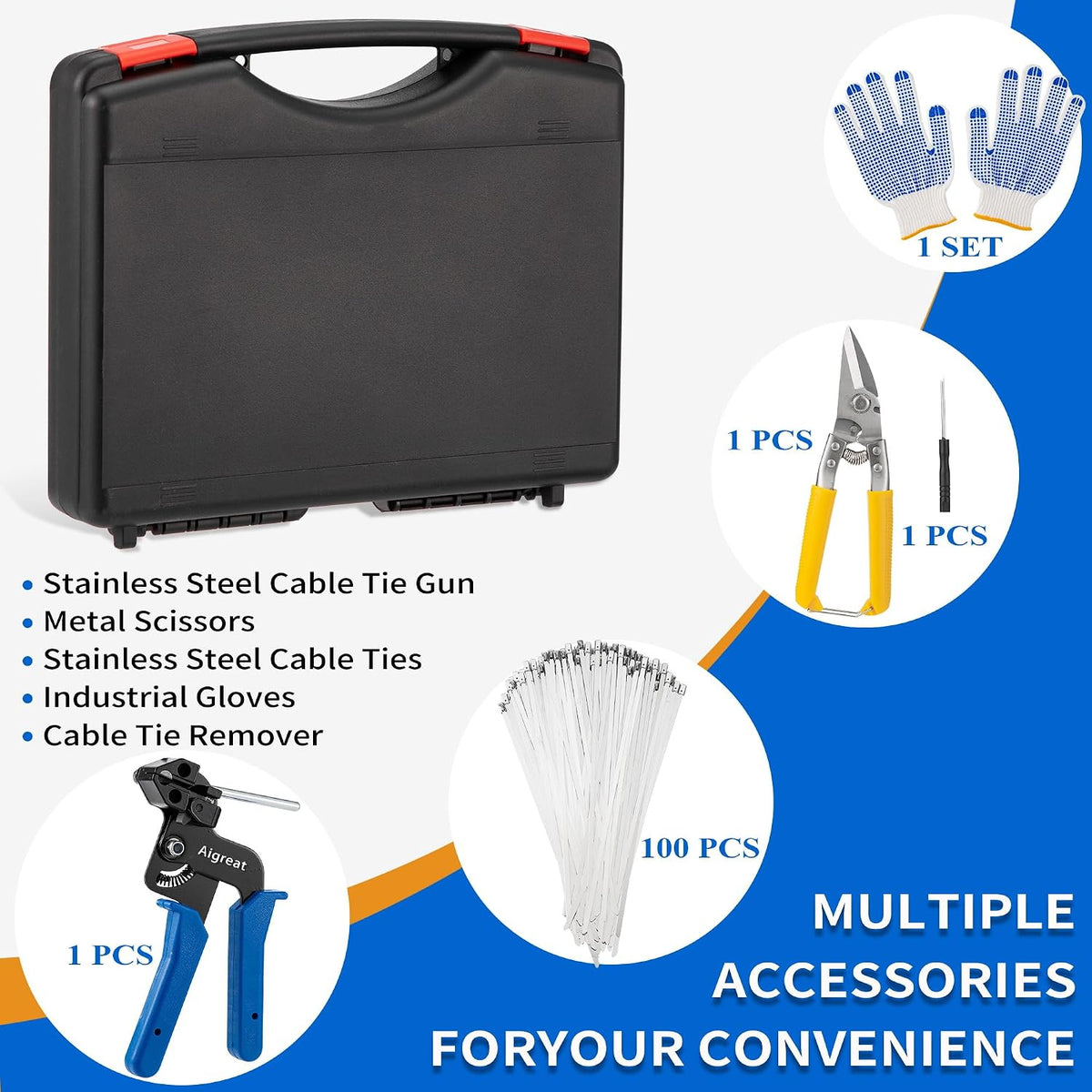 Stainless Steel Cable Tie Gun Set with Adjustable Tension Auto Cut Fastening ...