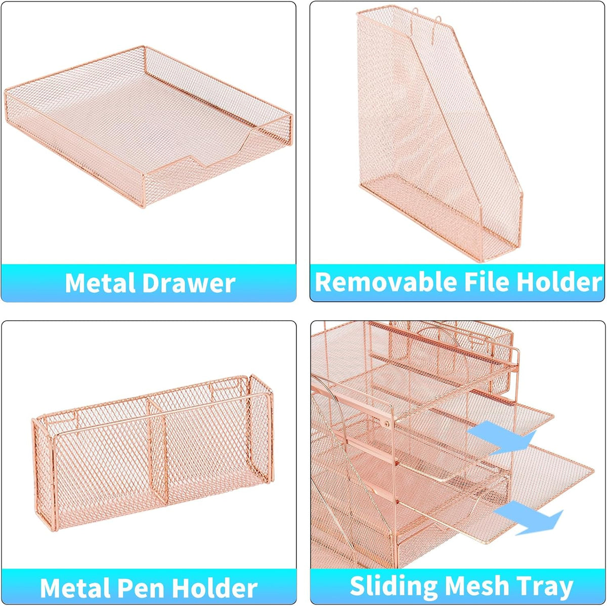 5-Tier Desk File Organizer with Drawer & Pen Holder (Rose Gold)