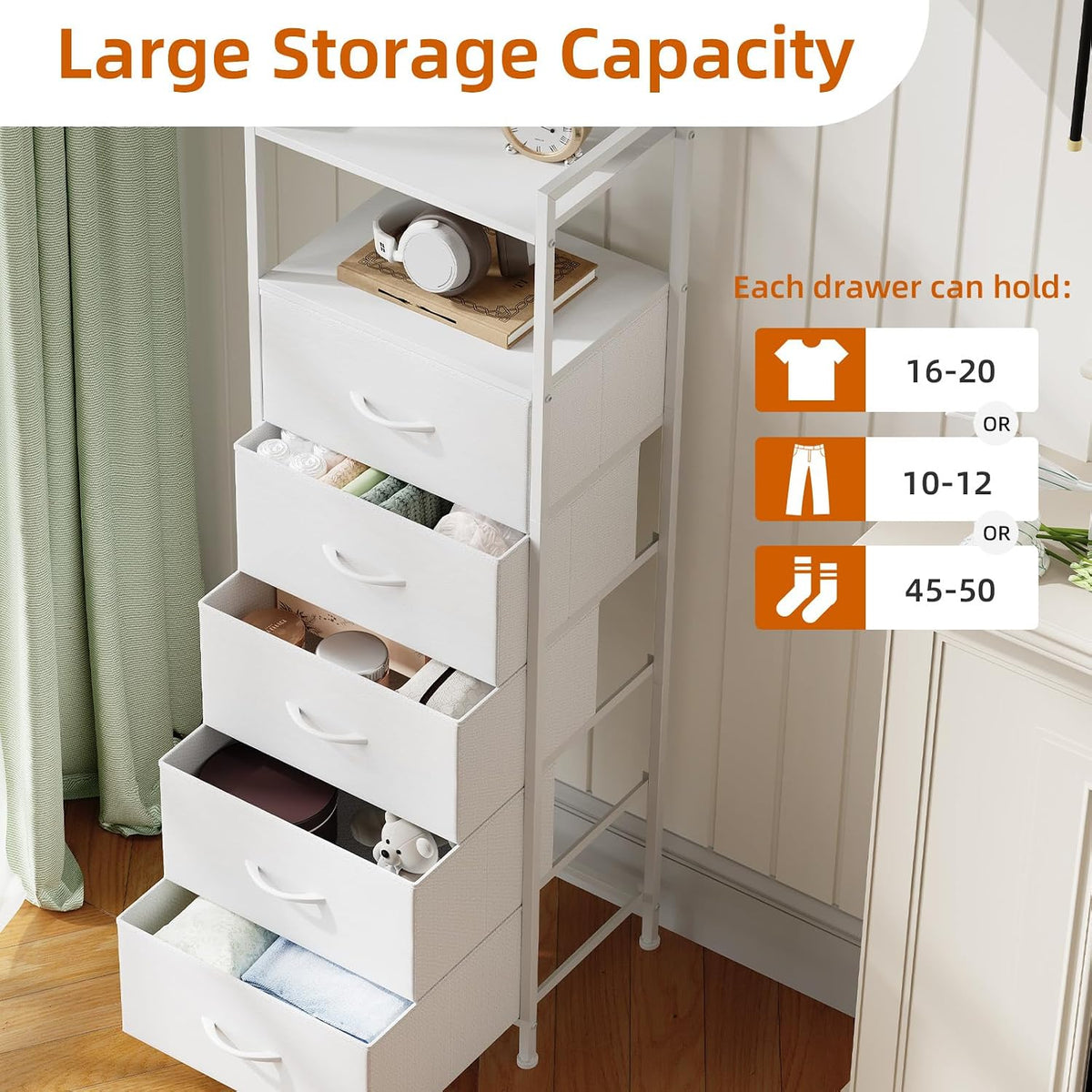 Somdot White Tall Dresser for Bedroom with 5 Drawers, Tall Nightstand