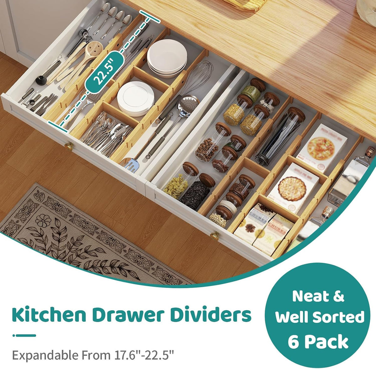 6 Pack Bamboo Drawer Dividers with Inserts, Kitchen Adjustable Drawer Organiz...