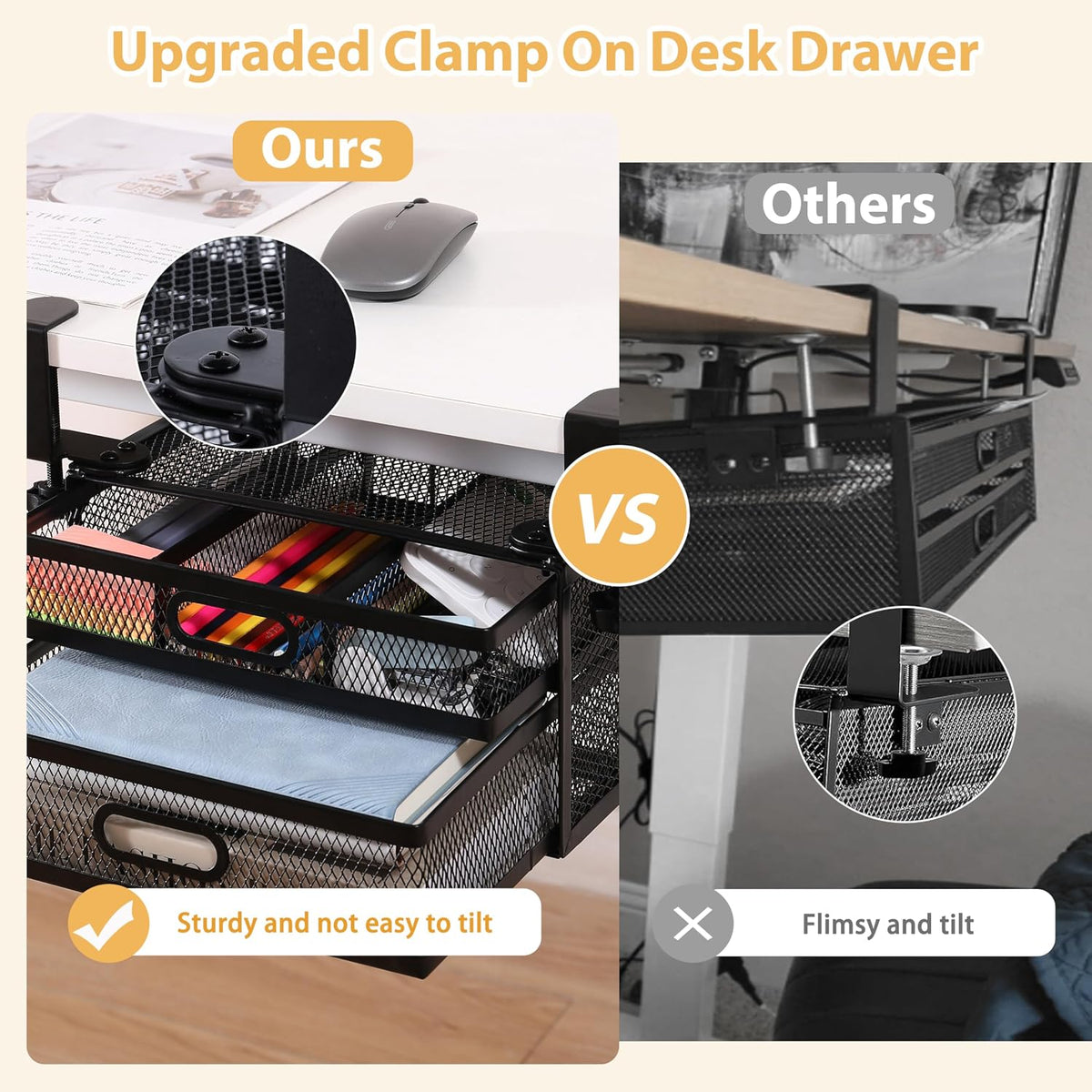 Sliding Under Desk Drawer Organizer No Drilling 2 Drawers Slide Out Desktop O...