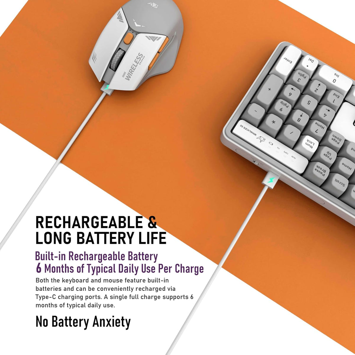 Rechargeable Wireless Keyboard and Mouse Combo, Full-Size - Gray-White