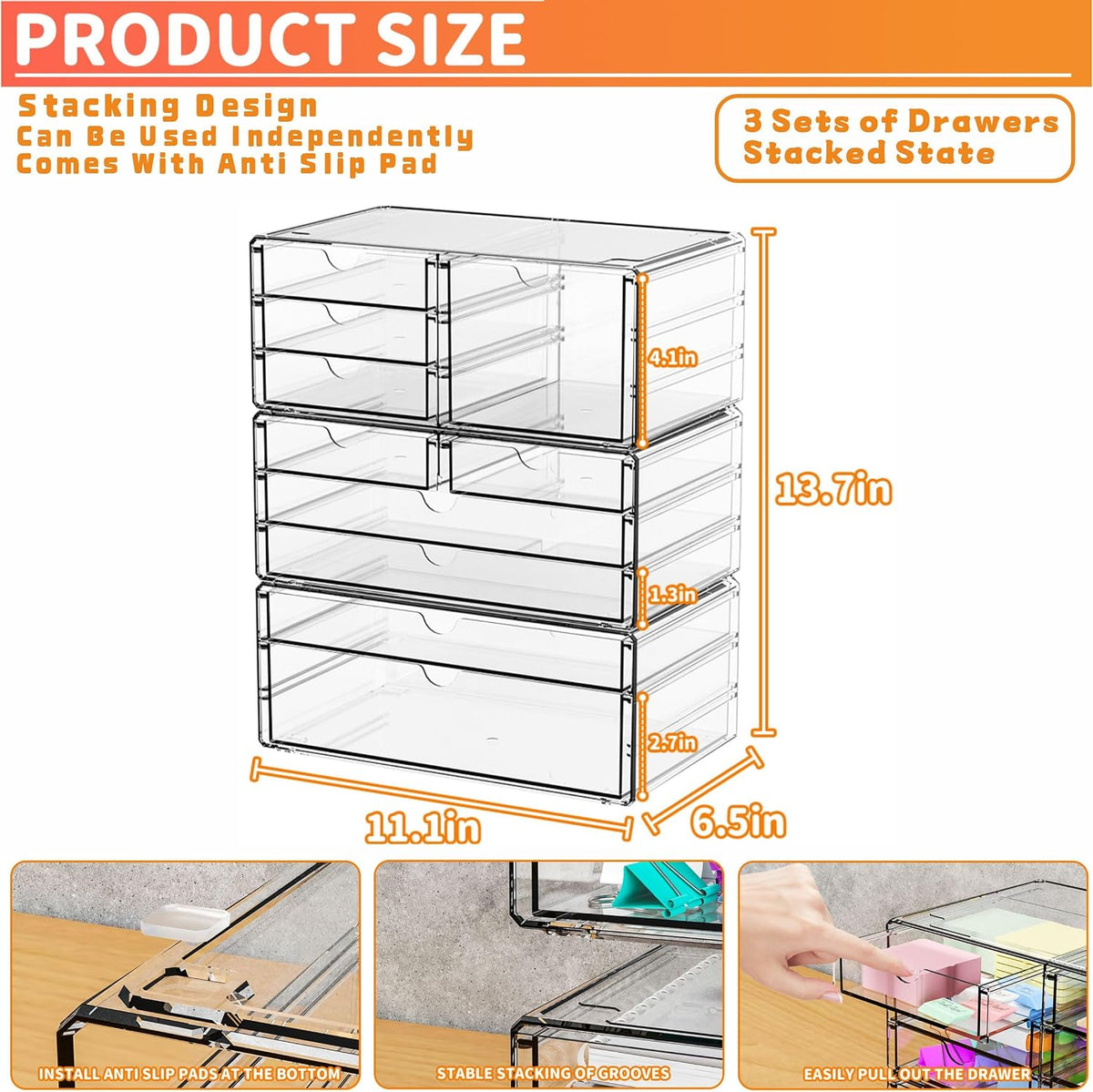 Yieach 3 Pack Clear Storage Drawers With 10 Drawers,Stackable 11.1” Large Acr...