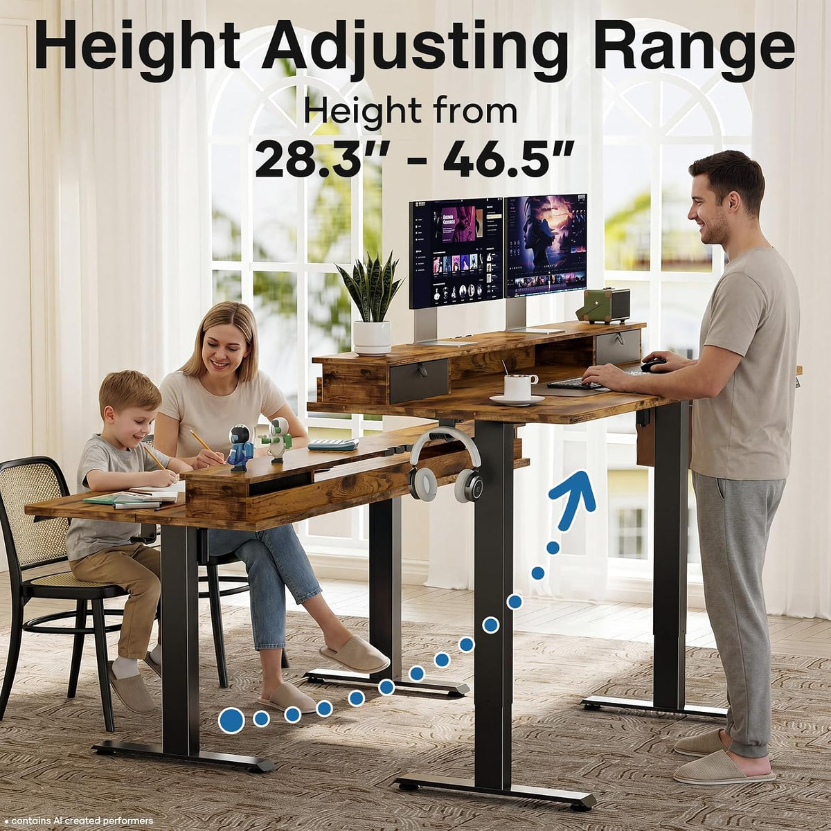 Veken 47x28 in Electric Standing Desk with Drawers, Adjustable Table, Brown