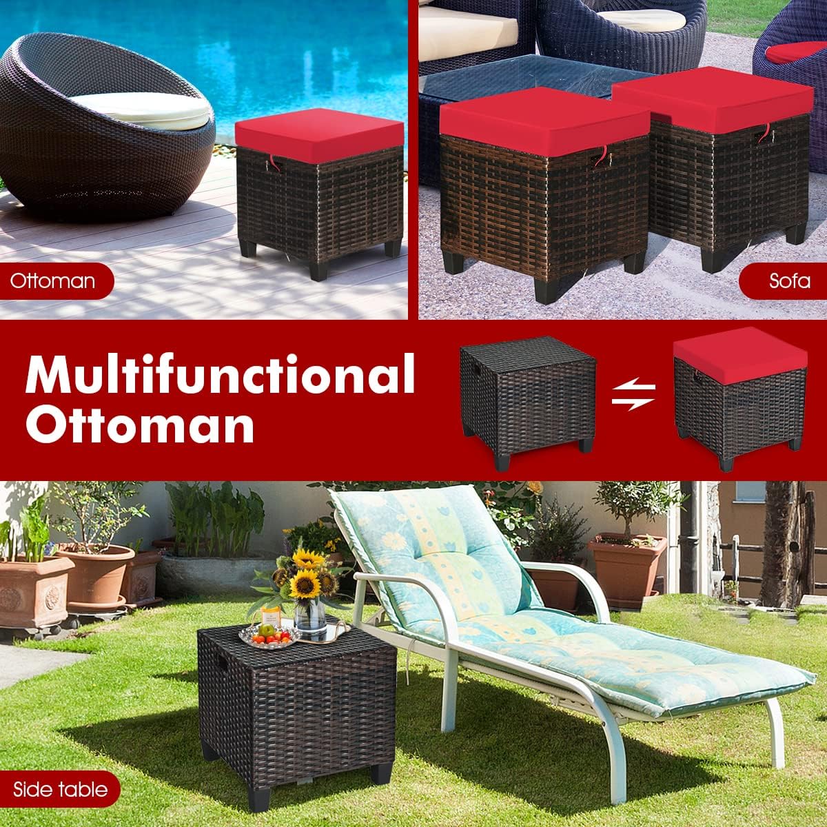 LDAILY Moccha 2 Pieces Patio Outdoor Ottoman, All Weather Rattan Patio Ottoma...