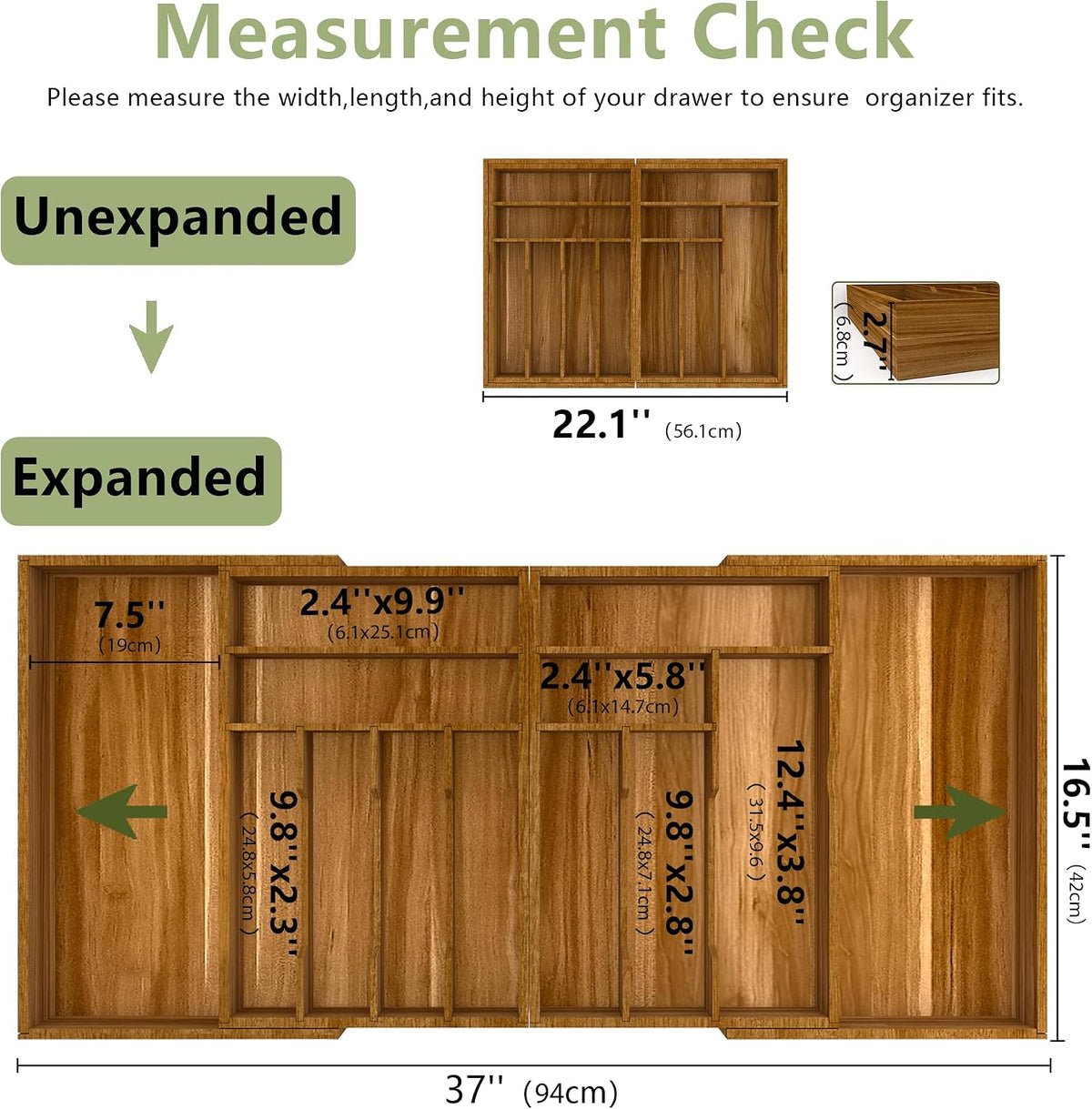 Suli Extra Large Silverware Drawer Organizer,Expandable 22in to 37in,Acacia
