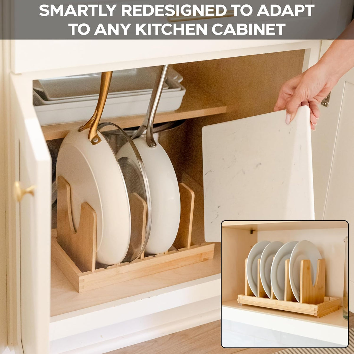 Pot and Pan Organizer for Under Cabinet – Bamboo Pot Lid Organizer for Cabine...