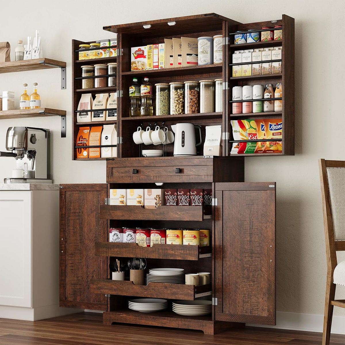 ELYKEN 72" Kitchen Pantry Storage Cabinet with Drawer, 3 Pull Out Shelves