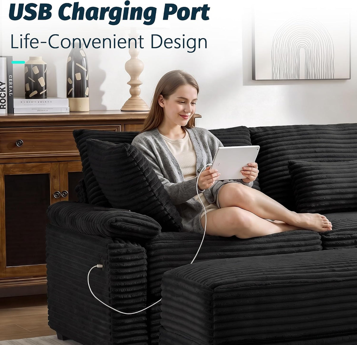 75" Corduroy Loveseat Sofa with 2 Storage Ottoman, USB Charging, Black