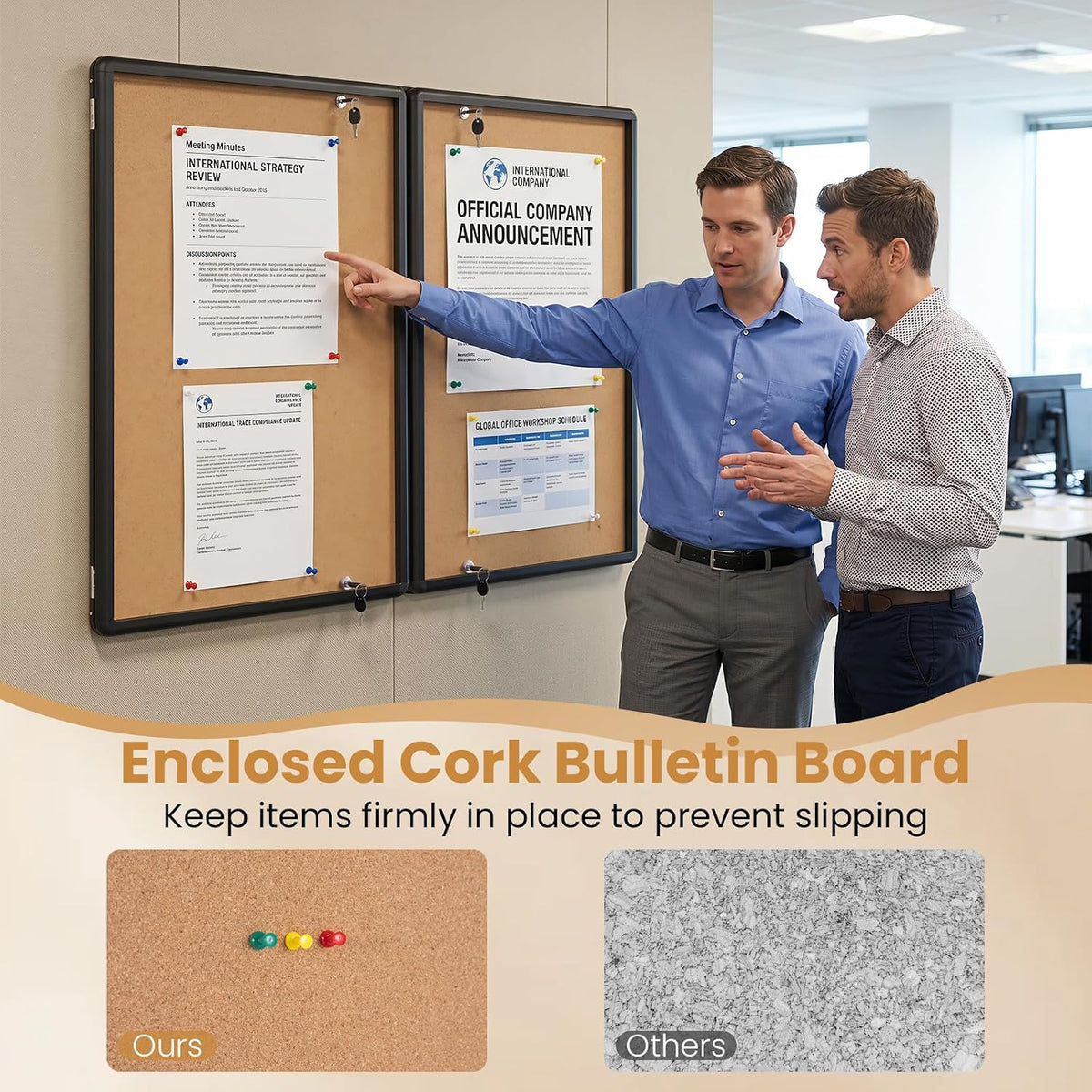 Goplus Enclosed Bulletin Board, 47.5” x 35.5” Lockable Cork Notice Board