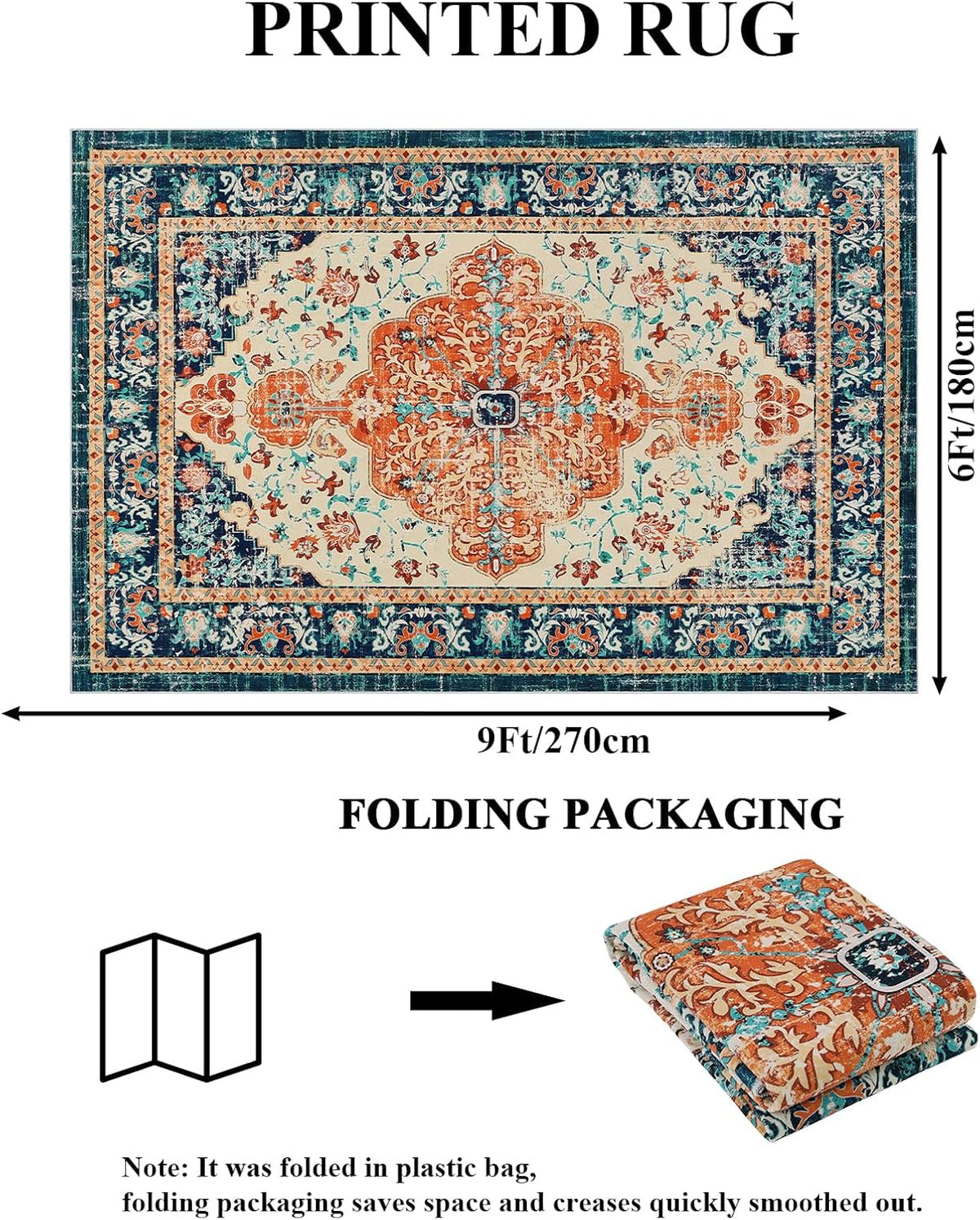 U'Artlines Boho Vintage Area Rug 6x9 Machine Washable Carpet,Orange/Multi